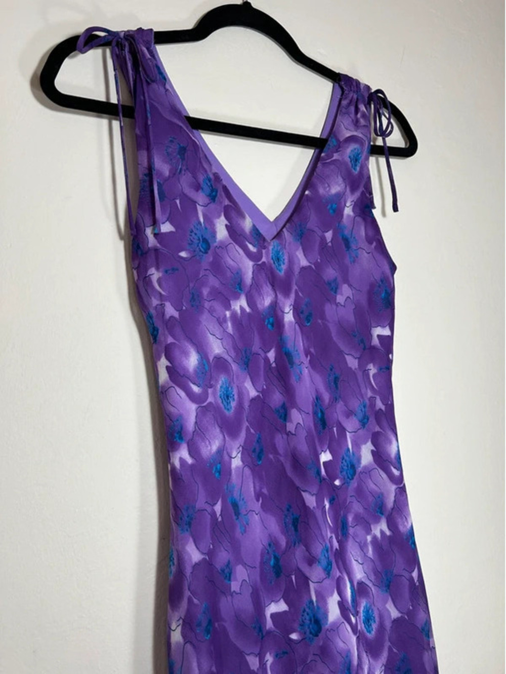 Vintage Floral Frilly Purple Maxi Dress with Tie Shoulder Detail